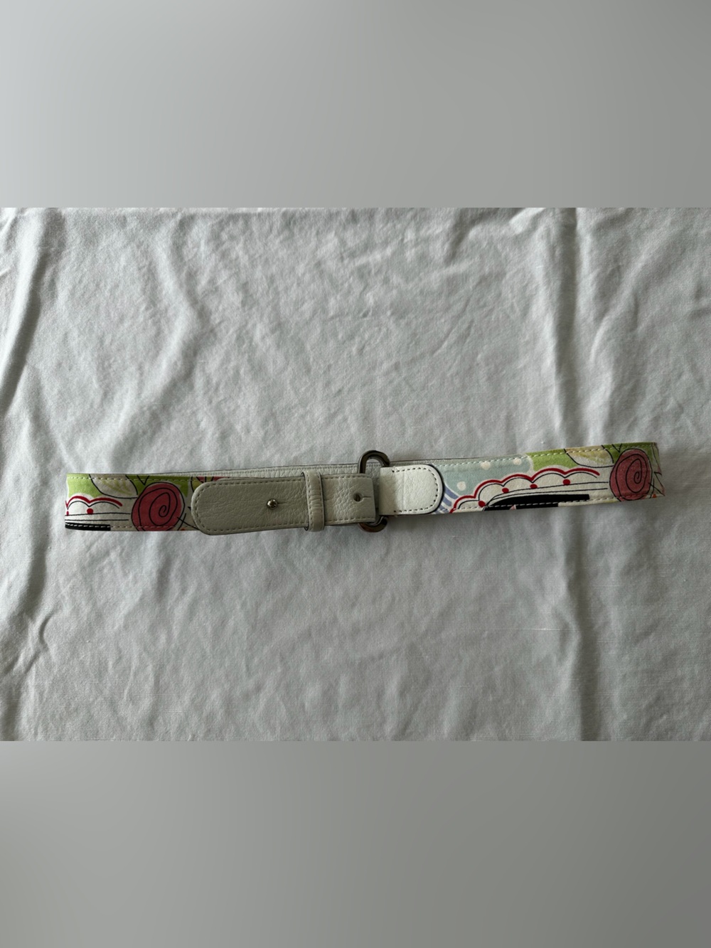 Talbots White Floral Fabric Belt with Pink and Green Accents